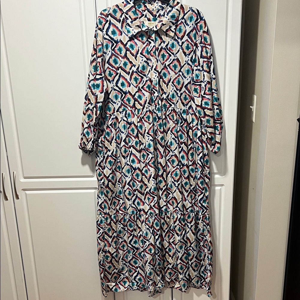 Anthropologie Long Sleeve Geometric Dress - Blue and Pink